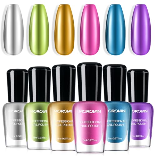 Morovan Metallic Nail Polish Set - 6 Color Chrome Mirror Quick Dry Kit