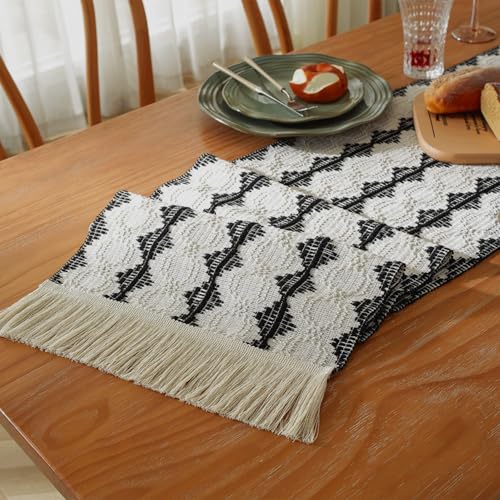 Boho Macrame Table Runner with Tassels - 72" Black & White