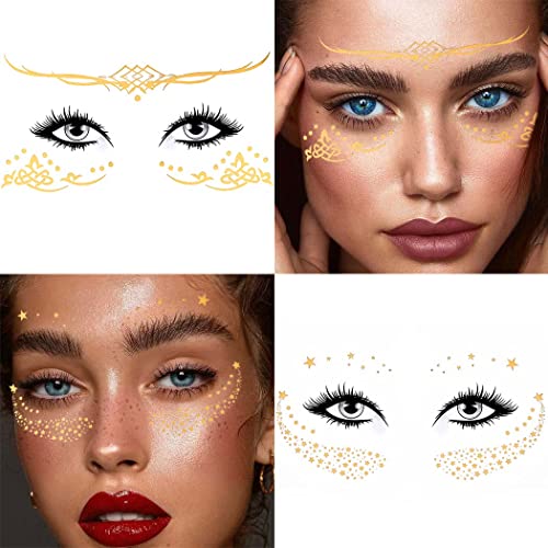 Uranian 2-Fantastic Gold & Metallic Face Tattoo Stickers for Women Carnival Halloween