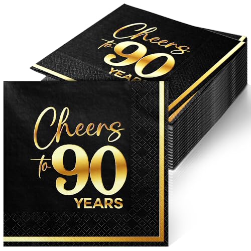 Cheers to 90 Years - 50PCS Black & Gold 3-Ply Cocktail Napkins