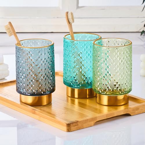 Dark Green Glass Makeup & Toothbrush Organizer with Gold Base - Multifunctional Pen Holder