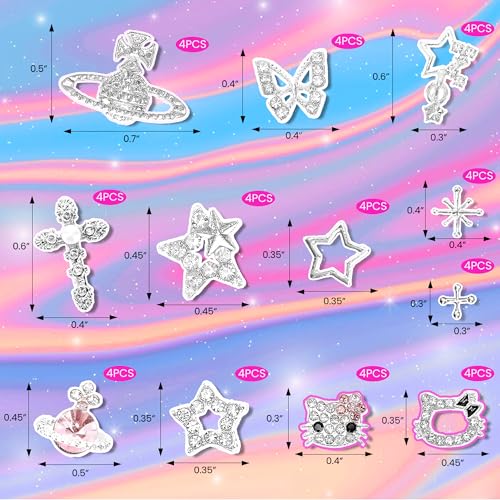Namifin Silver 48PCS Y2K Nail Charms & Gems for Nail Art, 3D Star Butterfly Planet Cross Designs
