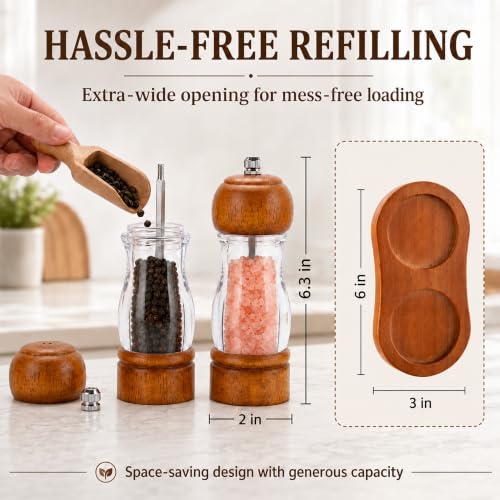Manual Salt and Pepper Grinder Set with Oak Tray - Adjustable Ceramic Mills