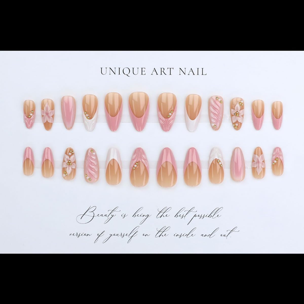 Press-On Nails - 24Pcs Pink Floral Almond French Tips with Gold Beads | Full Cover Artificial Acrylic for Women