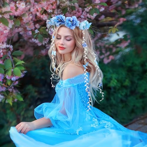 Blue Flower Headpiece for Women - Fairy Floral Crown for Wedding & Cosplay