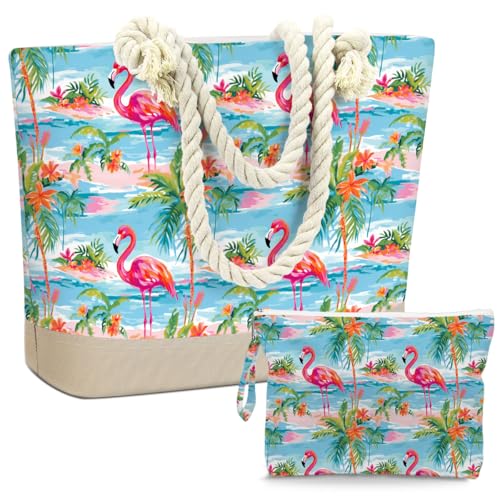 BELLOWDEER Flamingo Palm Tree Beach Bag for Women, Wet Cosmetic Travel Pouch Summer Gifts