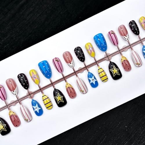 Medium Almond Press-On Nails with Colorful Polka Dots & Stars - 24 Pcs