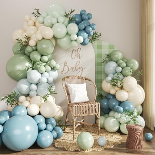 Dusty Blue & Sage Green Balloon Arch Kit - 124Pcs for Baby Showers & Parties