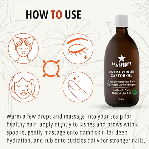 GoodBye Company USDA Organic Cold-Pressed Castor Oil, 16.9 oz Amber Glass Bottle, Hexane-Free, Extra Virgin, Food Grade, for Hair, Skin, Lashes, Brows & Digestive