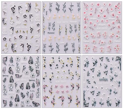 JMEOWIO 6 Sheets 3D Spring Flower Nail Art Stickers