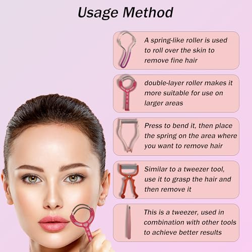 Spring Hair Remover - 5 in 1 Face Hair Remover Kit, Facial Hair Removal for Women, Spring Tweezer Hair Remover for Chin, Upper Lip, Mustache