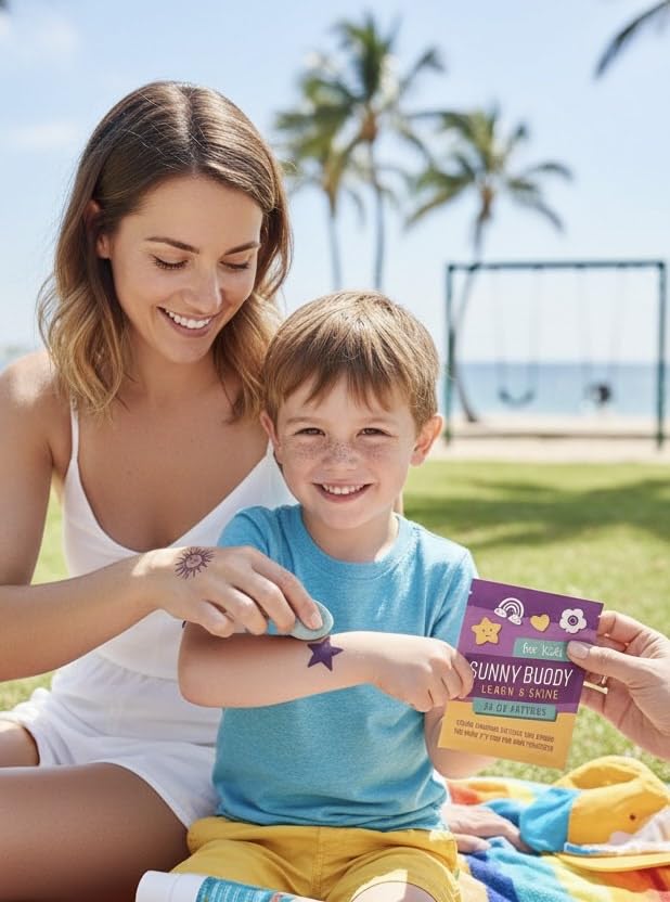 Kids UV Color Changing Temporary Tattoos - 24 Pack for Sun Safety