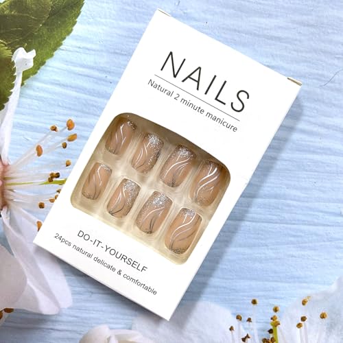 Medium Square Press On Nails with Silver Lines - Full Cover Glitter French Tip