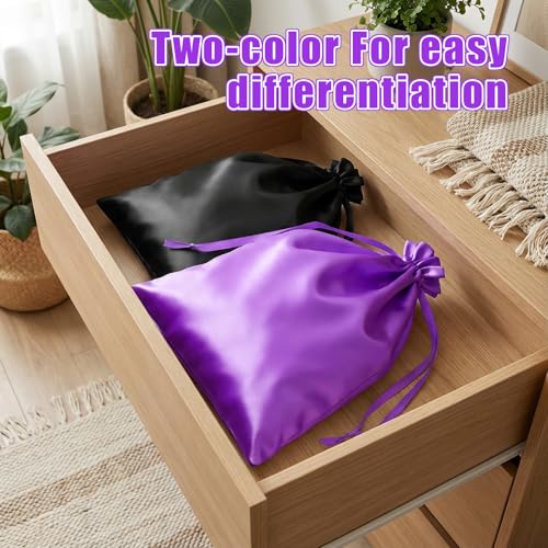 2-Pack Silk Satin Wig Bags - Black & Purple Travel Storage