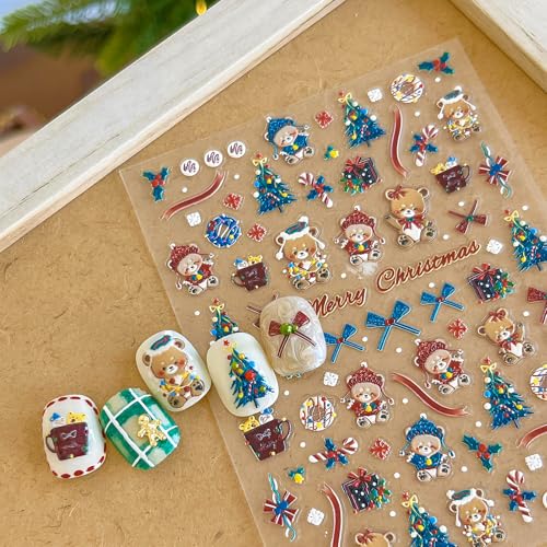 4 Sheets Christmas Nail Stickers – Gingerbread Man, Snowman, Santa Bear 5D Embossed Self-Adhesive Decals (Winthrop) – Holiday Manicure Kit