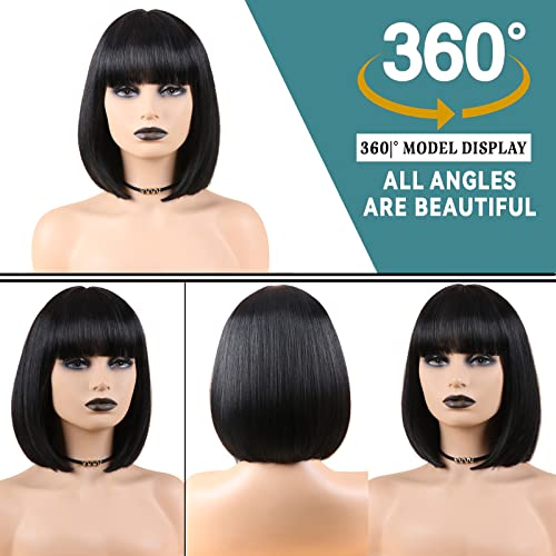 Black Short Bob Wig with Bangs - Synthetic 12 Inch Straight Cosplay & Daily Wear
