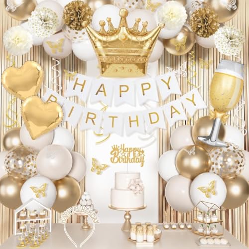 Gold and White Birthday Party Decorations Set | 105 pcs Foil Balloons, Banner, Paper Pompoms & More