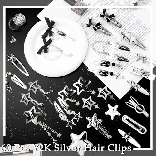 60 Pcs Y2K Goth Hair Clips Set - Silver Metal Barrettes & Accessories