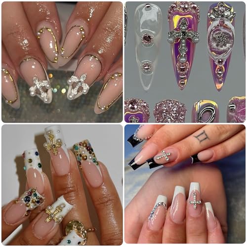 KINGNAME 120 PCS 3D Cross Nail Charms Kit Gold Silver Rhinestone