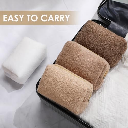 Paterr 4 Pack Fuzzy Cosmetic Bags in White & Brown Plush Travel Makeup Pouches