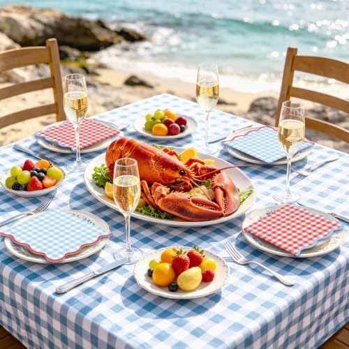 FYSUIMU 50Pcs Scalloped Gingham Cocktail Napkins - Red & Light Blue