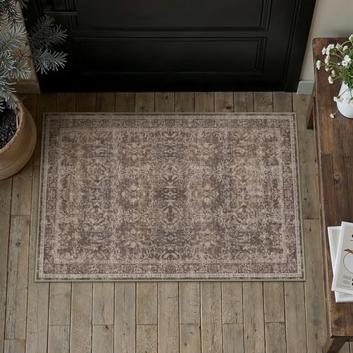 HUGEAR Red Brown 2x3 Washable Area Rug - Non-Slip Low Pile Soft Rug for Living Room, Bedroom, Office