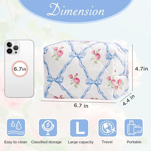Blue Bow Small Floral Makeup Bag for Purse, Quilted Cosmetic Zipper Pouch