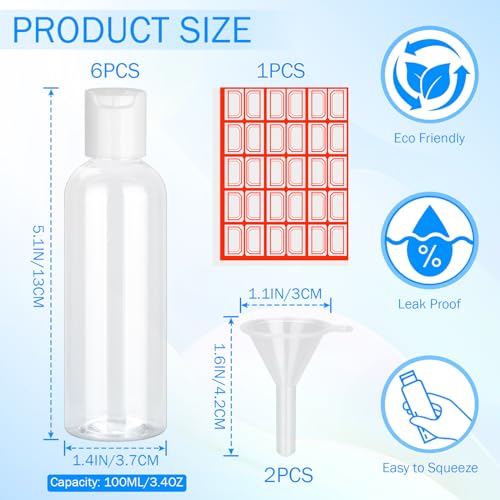 6 Pack 3.4 oz Travel Bottles TSA Leakproof Refillable Containers with Labels