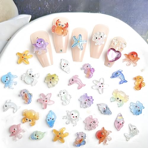 200Pcs 3D Ocean Nail Charms - Starfish, Crab & Dolphin Designs