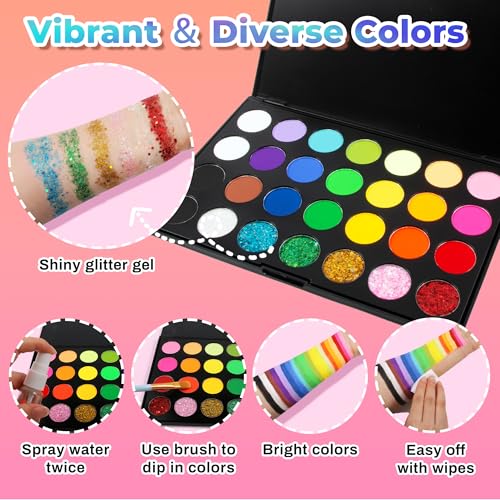 Professional Face Painting Kit with 28 Colors, Brushes, Sponges & Stencils for Kids & Adults