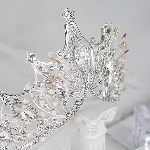 Silver Baroque Queen Crown Tiara for Women - Handmade Crystal Headband