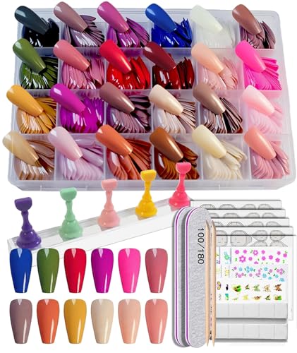 576-Piece Medium Coffin Press on Nails Set - 24 Glossy Colors