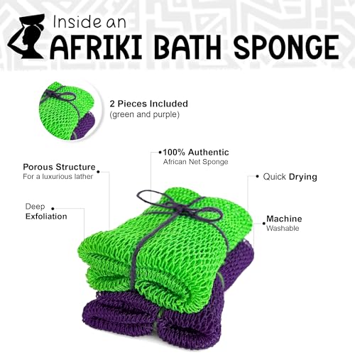 AFRIKI African Net Sponge - 2 Pack Extra Long Exfoliating Body Scrubber