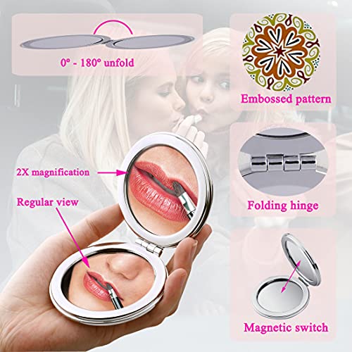 Blue Compact Mirror Set - 6 Handheld Folding Makeup Mirrors with Mandala Design, 2X Magnification