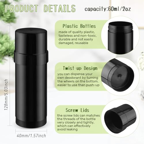 15 Pcs 2 oz Black Twist-Up Deodorant Containers - Refillable Lip Balm Tubes