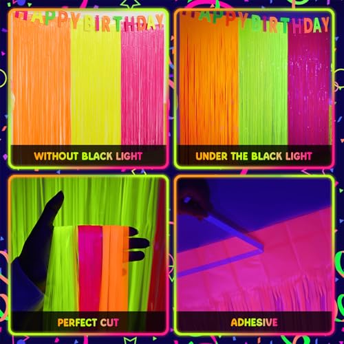 Mega-Loopolis Neon Fringe Curtains - 3 Pack Glow in The Dark Backdrop, 9.9 x 6.6 ft Tinsel for Parties