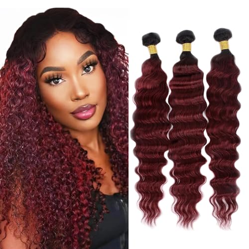 Burgundy Deep Wave Human Hair Bundles - 14, 16, 18 Inch Remy