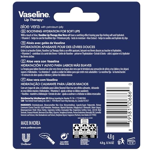 Vaseline Lip Therapy Aloe Vera Balm - 4-Pack for Dry, Chapped Lips