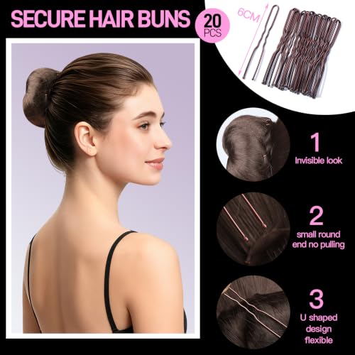 FANDAMEI Hair Nets Set for Buns with Bobby Pins & Elastic Ties - Brown, 20PCS