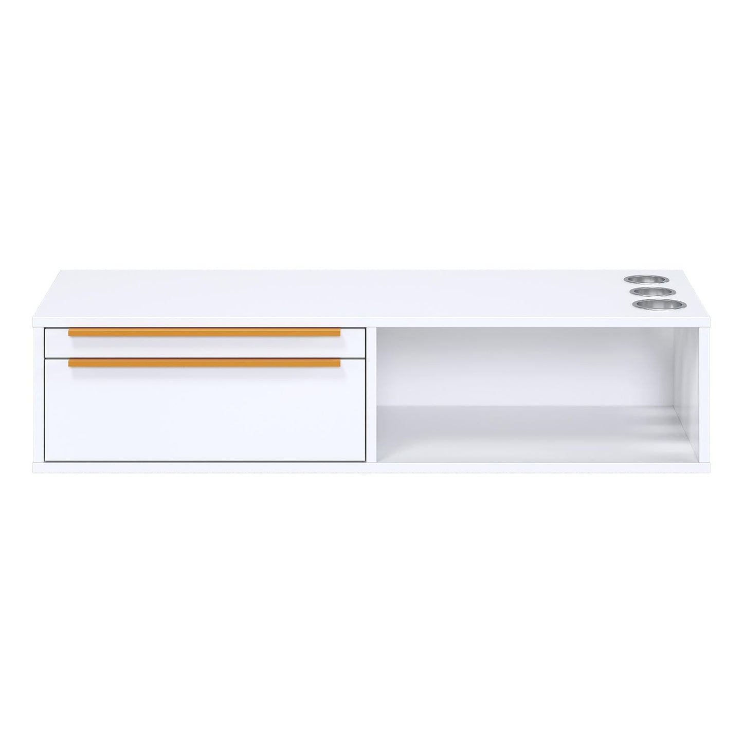 OmySalon Wall Mount Salon Station, Hair Stylist Cabinet with 3 Heat Resistant Dryer Holders, 2 Drawers & Open Shelf, Storage Organizer for Barbershop, Beauty SPA, Bathroom, White Gold
