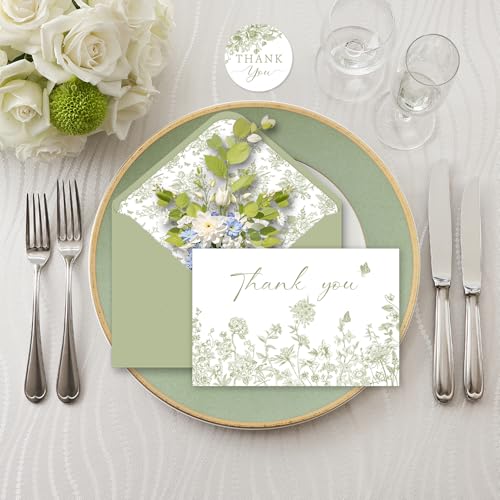 24 Pack Sage Green Floral Thank You Cards with Envelopes & Stickers
