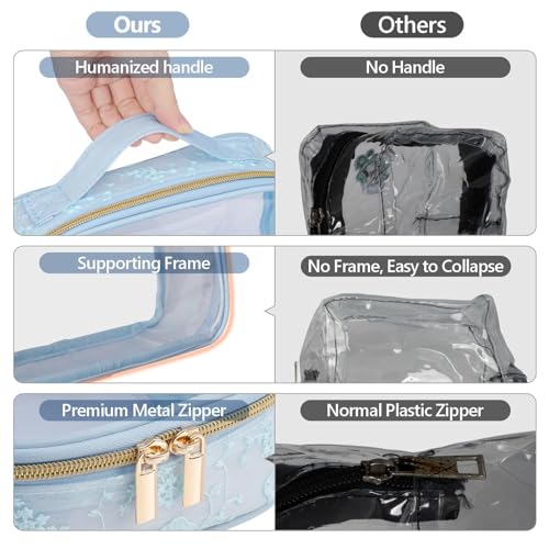 PACKISM Clear Makeup Bag Travel Set Blue - TSA Approved 3 Pack, Medium Edition with Lace Pattern