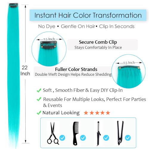 Dlyoigr 12PCS Teal Clip-In Hair Extensions 22 Inch Long Synthetic Highlights for Girls & Women, Easy to Use Cosplay & Party Hairpieces
