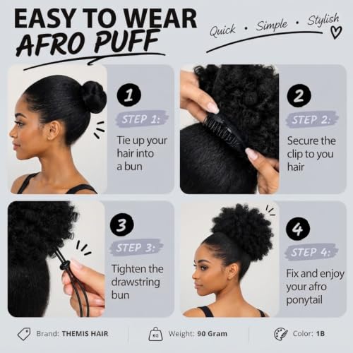 THEMIS HAIR Afro Puff Drawstring Ponytail Medium Gray for Natural Hair