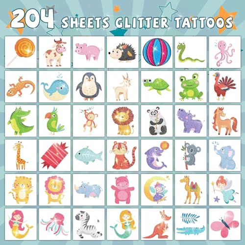 EMOME Glitter Tattoos for Kids - 204 Sheets, Waterproof & Safe Party Favors