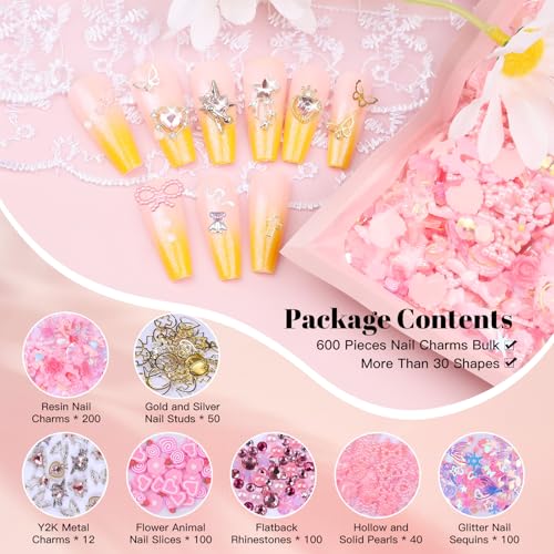 Pink 3D Resin Nail Charms & Gems Kit - Cute Flower, Butterfly, Bow, Heart Accents