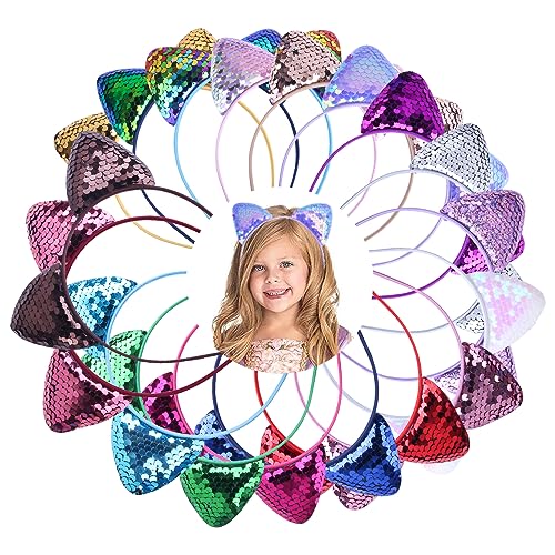 18-Piece Glitter Cat Ear Headband Set - Sparkly Sequin Party Accessories