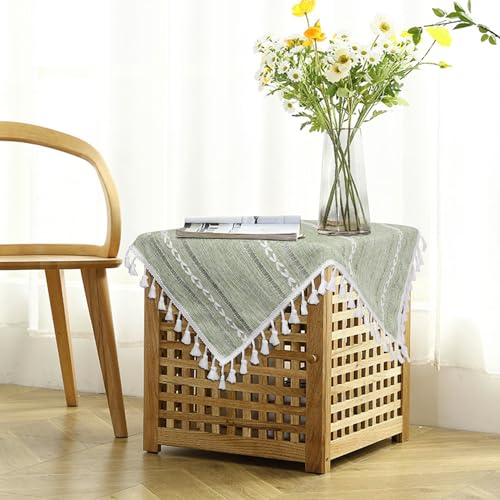 Sage Green Boho Tablecloth 24''x24'' | Cotton Linen Nightstand Cover