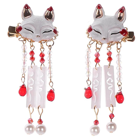KALLORY Fox Hair Clip with Chinese Dangle Tassel, Vintage Style Barrette