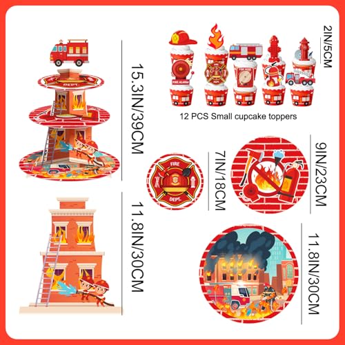 Firefighter Cupcake Stand Set with 12 Fire Truck Toppers